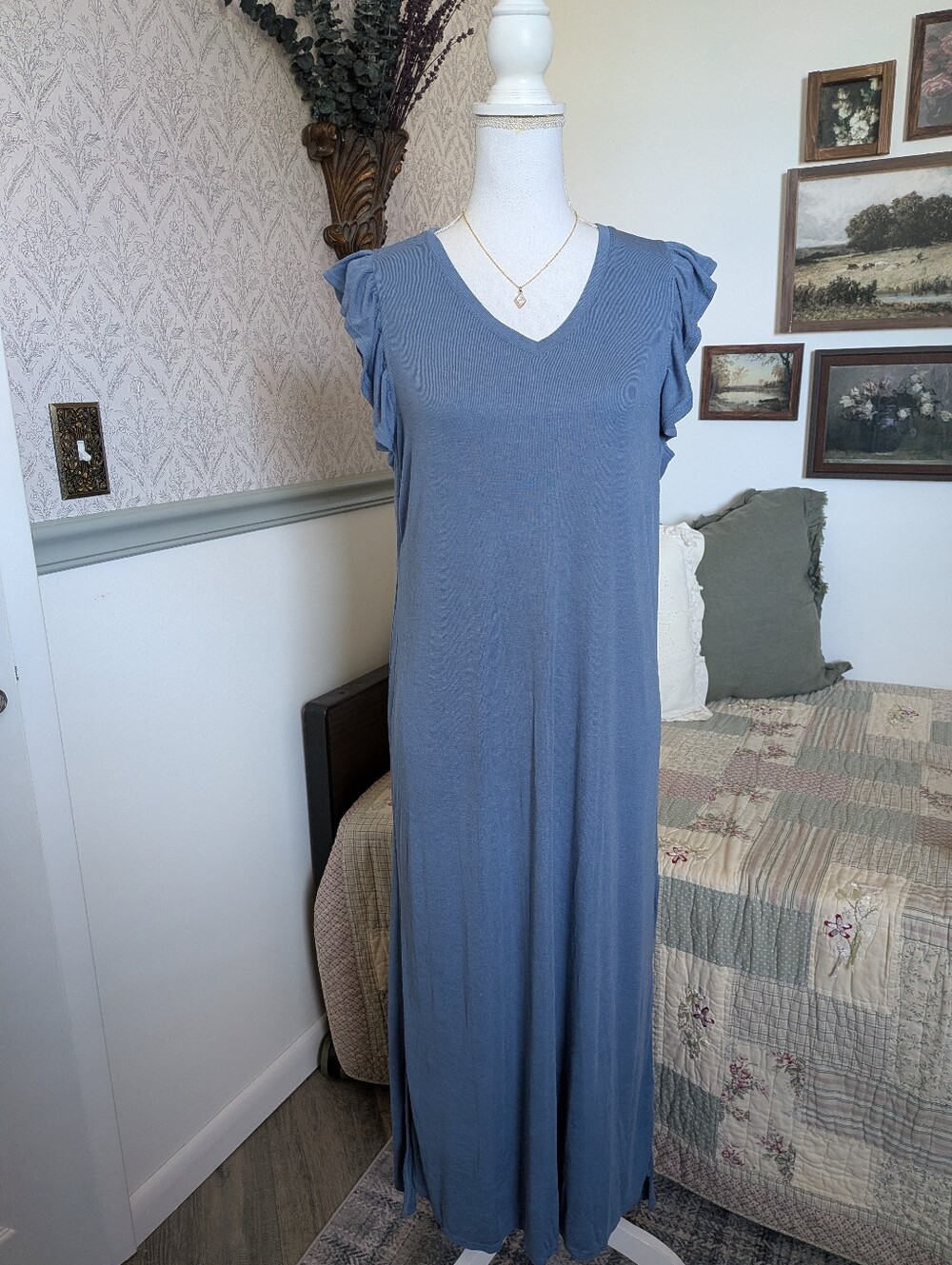 Matilda Jane Far Away Dress L NWT Blue Modal Ruffle Sleeve Hi Low Maxi
